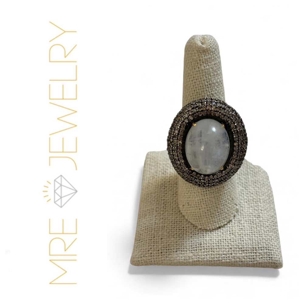 Moonstone Ring With Rose Cut Diamonds set in Oxidized Silver